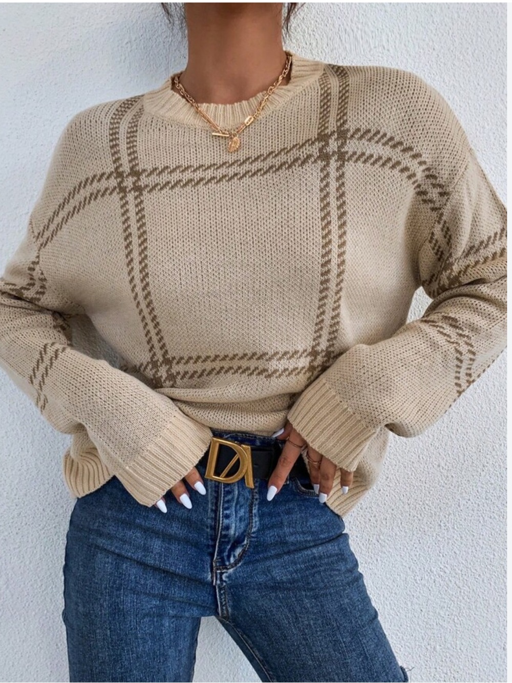 Cream Taupe Brown Plaid Knit Sweater Size S Cozy Preppy Fall